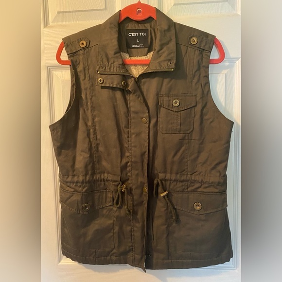 C’EST TOI Jackets & Blazers - Army Green Fleece Lined Vest